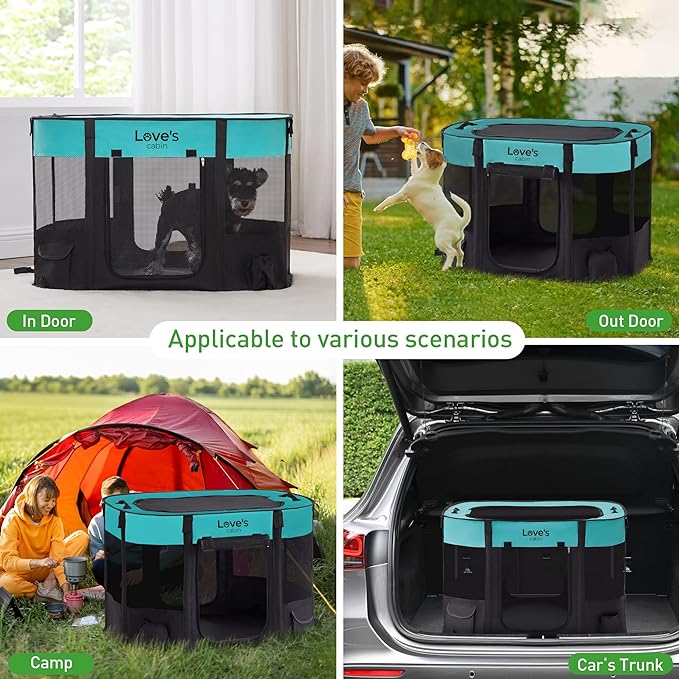 Love's Cabin Medium Dog Tent Crate, Portable Foldable Pop Up Dog Kennel Playpen with Carrying Case (Green)