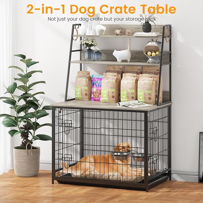 Dog Crate Furniture, 57 Inch Dog Kennel Furniture with Storage Shelves and Removable Tray, Indoor Dog House with 2 Doors and 2 Adjustable Bowls, Gray