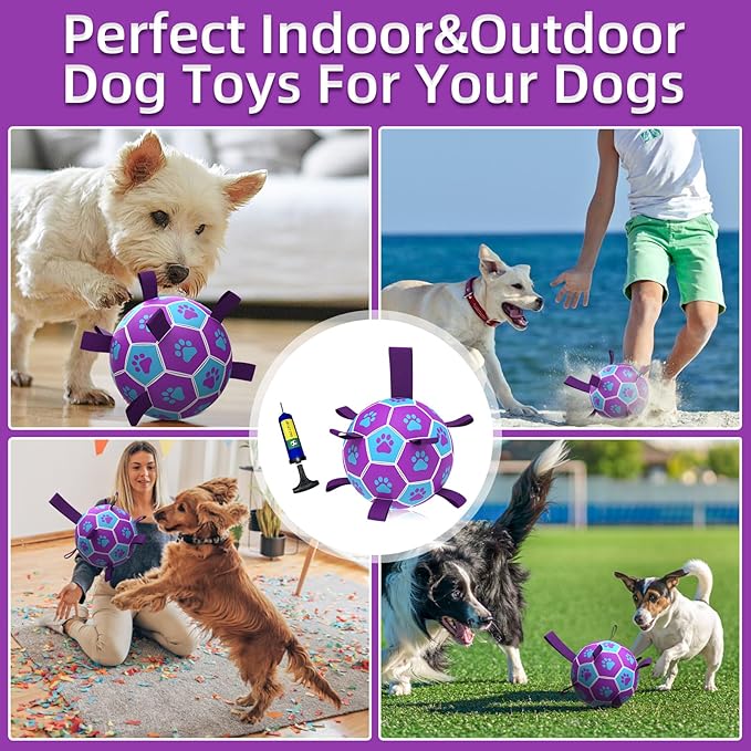 QDAN Dog Ropes Toys Soccer Ball with Straps, Interactive Dog Toys for Tug of War, Puppy Birthday Gifts, Dog Tug Toy, Dog Water Toy, Durable Dog Balls for Medium Dogs-Blue(6 Inch)