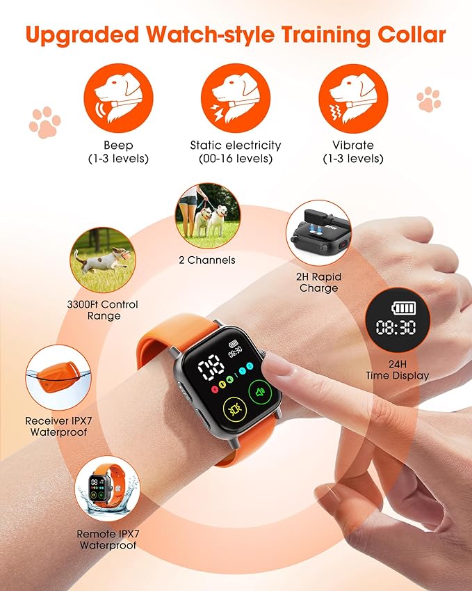 Jugbow Dog Training Collar with Watch-Style Remote, 3300FT Waterproof IPX7 E-Collar, IPX7 Hand-Free Remote 24H Time Display, Electric Vibration Beep Collars for 10-120 lb Small Medium Large Dogs