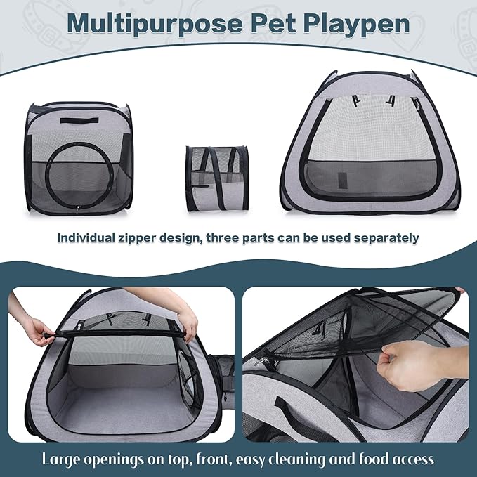 Portable Cat Dog Playpen: Dog Crate, Carrier, Dog Playpen, Cat Enclosure, Puppy Carrier, Pet Playpen, Small Outdoor Pet Enclosure, Travelling and Camping Cat Dog Tent and Tunnel, 3 Separable Parts