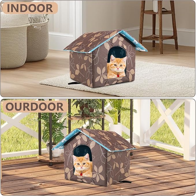 Outdoor Cat House Water Oxford Cloth Warm Cat House Removable Foldable, Outdoor Houses for Feral Cats Dogs (Leaf Pattern, Small House)