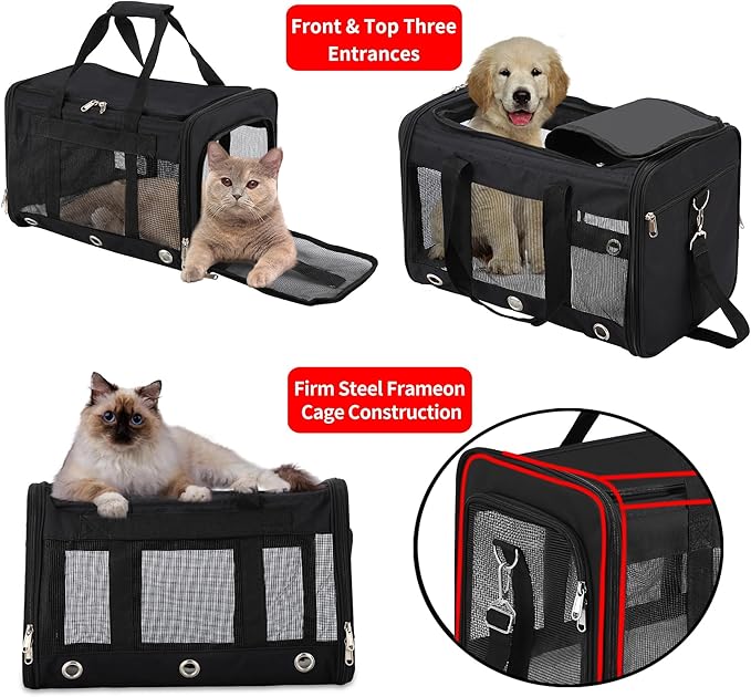 Soft Sided Cat/Dog Carrier,Collapsible Pets Travel Carriers for Pet/Puppy with Shoulder Strap & Removable Mat,Mesh Top Load Small Dogs/Cats Carry Bag Up to 17 Lbs TSA Airline Approved(Black,M)