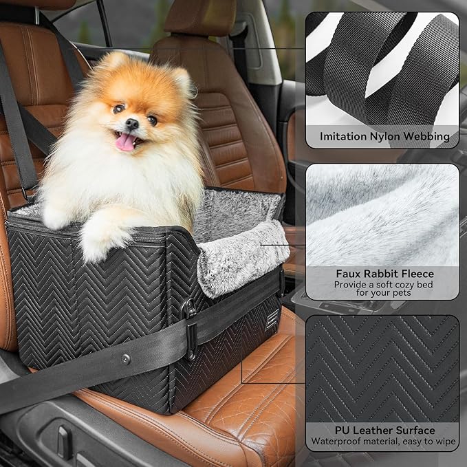PETSFIT Dog Car Seat, Waterproof PU Leather Dog Carseat with Patented Safe Buckles, Clip-On Leash, Pet Travel Carrier Bed for Small Pets Up to 25lbs (Black)