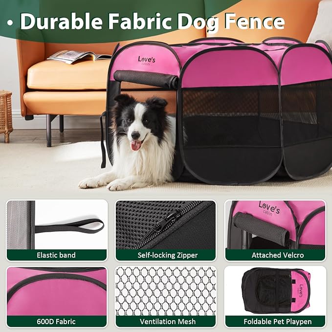 Love's cabin Pet Puppy Dog Playpen, Large Dog Tent Crates Cage Indoor/Outdoor, Portable Playpen for Cat, Foldable Pop Up Dog Kennel Playpen with Carring Case, Removable Zipper Top, Pink