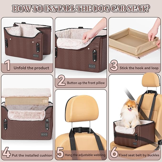 PETSFIT Car Seat for Dogs, Waterproof PU Leather Dog Car Seat for Small Dogs with Patented Safe Buckles, Clip-On Leash, Pet Travel Carrier Bed for Small Pets Up to 25lbs (Brown)
