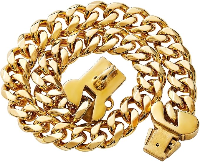 15mm Wide Strong Stainless Steel Bone Style Buckle Gold Dog Chain Collar,18K Gold Plated Cuban Link Chain Dog Necklace Collar for Medium Large Dogs - 20''