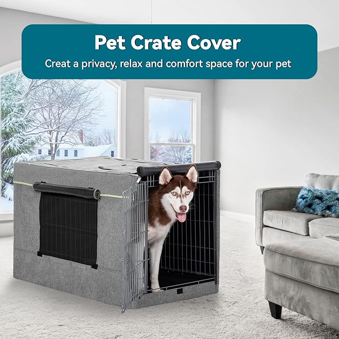 PETSFIT 36 Inch Wire Dog Crate Cover, Double Doors, Mesh Window, Detachable Top and Back Flap, Grey
