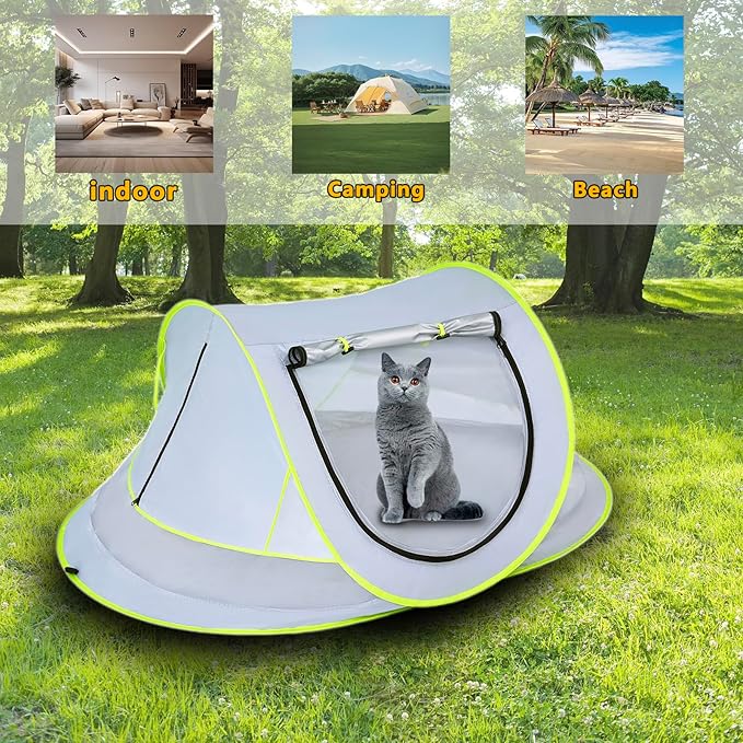 ZIQINPSQ Foldable Cat Tent with Sunshade, Mesh Windows & Curtains,Portable Pet Playpen Cat Cage Cat Enclosure Tent,Outdoor Cat Enclosures for Camping, Traveling, Sunbathing (Grey, 55" LX35 WX25 H)