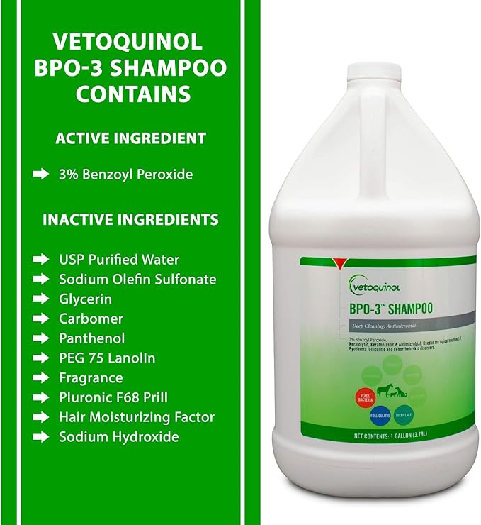 Vetoquinol BPO-3 Shampoo for Dogs, Cats & Horses (3% Benzoyl Peroxide) – 128oz – Deep Cleaning, Medicated Shampoo Opens & Flushes Hair Follicles – Degreases Oily Coats – Soothes Red, Flaky, Itchy Skin