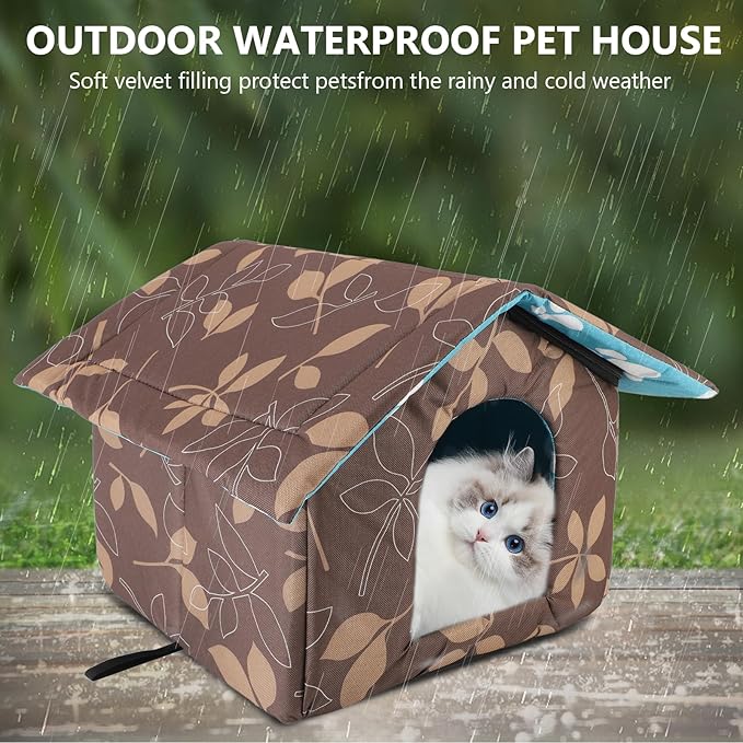 Outdoor Cat House Water Oxford Cloth Warm Cat House Removable Foldable, Outdoor Houses for Feral Cats Dogs (Leaf Pattern, Small House)