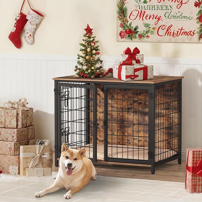 Dog Crate Furniture with Cushion, Wooden Dog Kennel with Double Doors, Heavy Duty Dog Cage for Small/Medium/Large Dogs, Indoor Dog House End Table, 31.5" L, Rustic Brown DCHR0701Z1