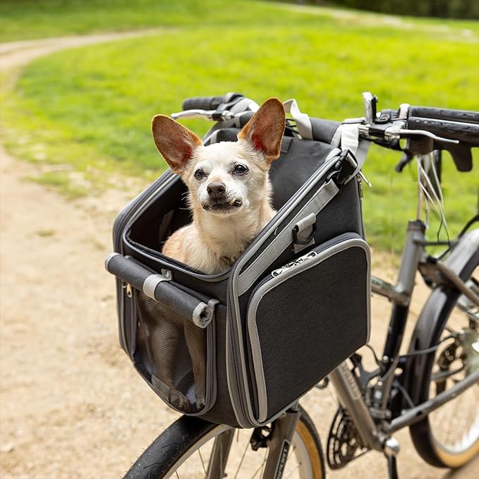 Dog Bike Basket, Mesh Windows, 2 Safety Leashes, Soft Sided, Safe Comfortable Pet Carrier for Small Dogs, Cats (Black)