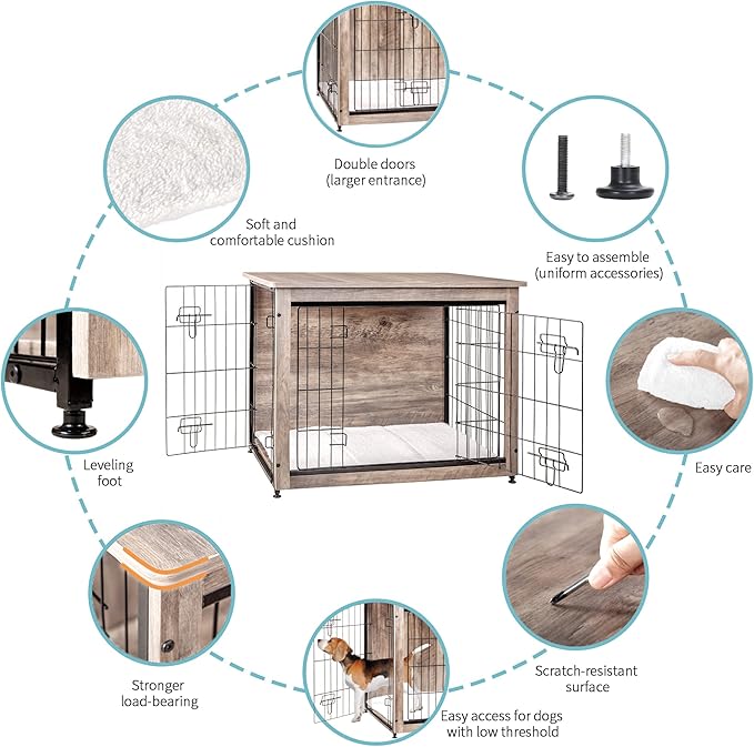 DWANTON Dog Crate Furniture with Cushion, Wooden Dog Crate with Double Doors, Dog Furniture, Indoor Dog Kennel,End Table, Medium, 32.5" L, Greige