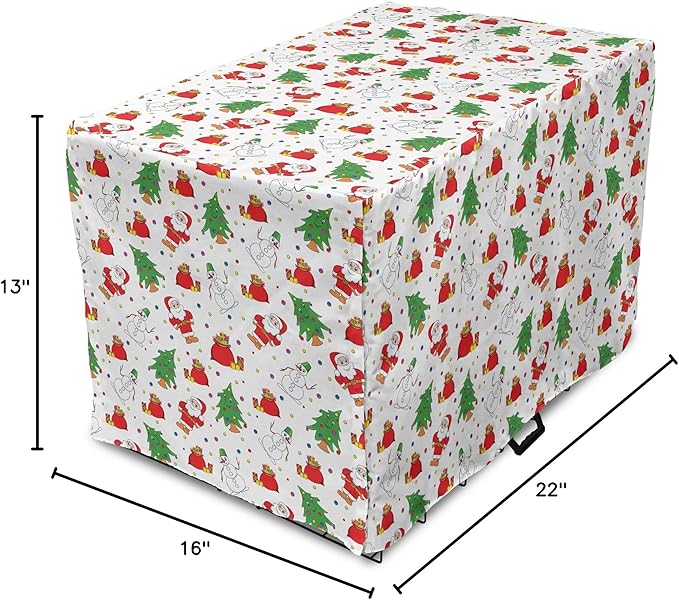 Ambesonne Christmas Dog Crate Cover, Xmas Santa Claus Tree on Colorful Polka Dot Backdrop Surprise Boxes Art, Easy to Use Pet Kennel Cover for Small Dogs Puppies Kittens, 22 Inch, Green and Red
