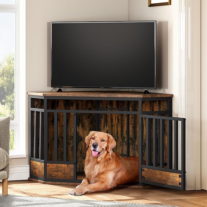 YITAHOME 52 Inch Corner Dog Crate Furniture, Heavy Duty Dog Kennel Indoor Furniture End Table Side Table Dog Crate, Modern Indoor Pet Crate Wooden Dog Crate for Large Dogs, Rustic Brown