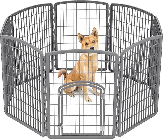 IRIS USA Dog Playpen, 8-Panel 34" Pet Playpen with Door, Puppy Playpen, Indoor/Outdoor Dog Pen, 63 x 63 x 34, Foldable, Customizable, Dark Gray