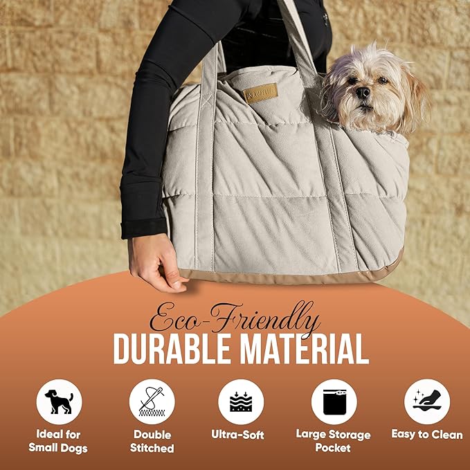 Cozy Plush Pet Carrier Purse - Secure Harness Clip, Lightweight Tote Design for Small Dogs and Puppies (Cream)