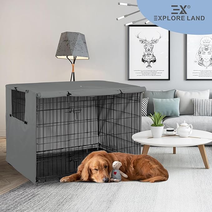 Explore Land 54 inches Dog Crate Cover Heavy Duty Polyester Pet Kennel Sunshade Universal Fit for Wire Cage (Grey)