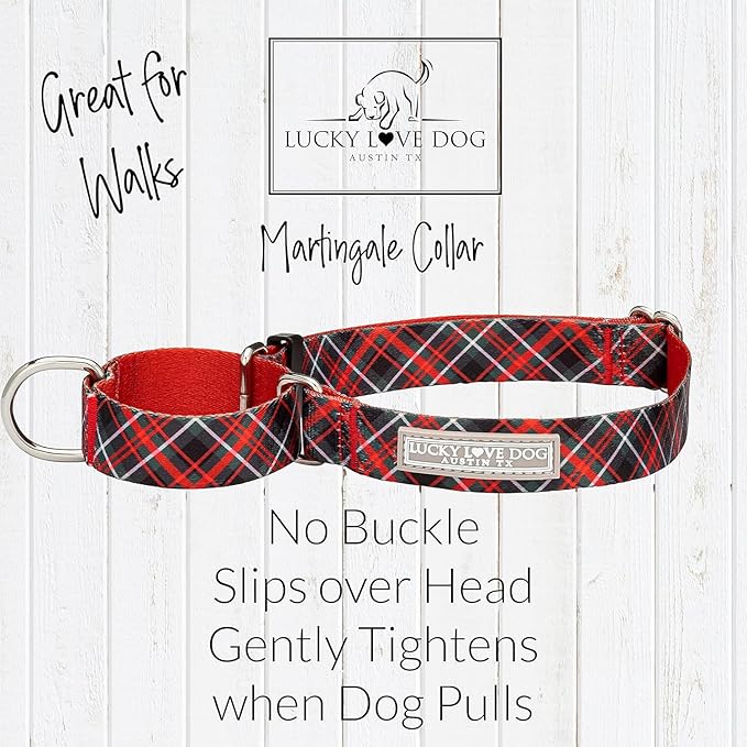 Lucky Love Dog, Evergreen No Slip Dog Collar and Leash Set, Vivid Berry Plaid Martingale Dog Collar for Boy and Girl Dogs - (Small, Heywood Martingale - Combo)