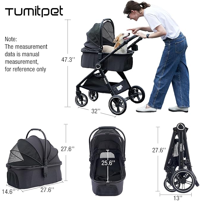 Tango Pet Stroller, 3 in 1 Dog Stroller for Small Medium Dogs Cats Stroller with Removable Carrier Folding Dog Carriage for Travel…