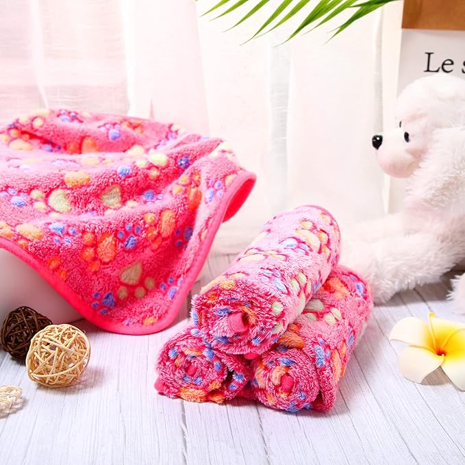 Tatuo 4 Pcs Dog Blanket Pet Puppy Blanket Puppy Teething Toys Paw Print Fleece Blanket for Pet Cat Soft Warm Sleep Mat Guinea Pig Cage Blanket(Small(24 x 16 Inch),Pink)