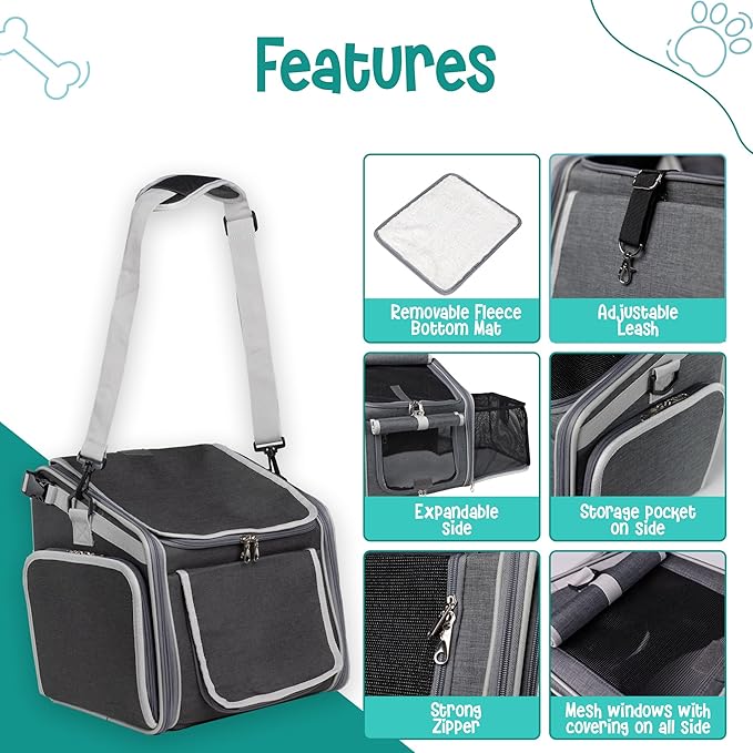 Dog Bike Basket, Mesh Windows, 2 Safety Leashes, Soft Sided, Safe Comfortable Pet Carrier for Small Dogs, Cats (Black)