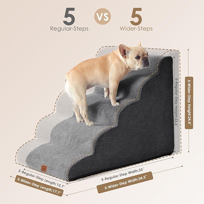 EHEYCIGA Curved Dog Stairs Ramp for High Beds, 5-Step Extra Wide Dog Steps for Small Dogs and Cats, Pet Stairs for High Bed Climbing, Non-Slip Balanced Pet Step Indoor, Grey