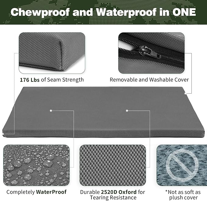 Durable Outdoor Waterproof Dog Bed up to 60 lbs Large Dogs Chew Resistance Dog Crate Mat Washable Cover