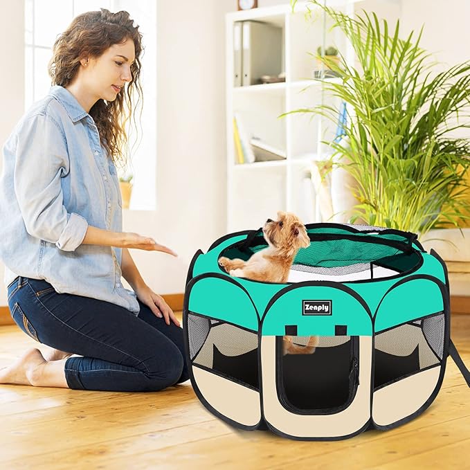 Portable Pet Dog Playpen, Pet Playpen Foldable Extra Heavy Duty Pop Up No Assembly Kennel Tent Crate Indoor Outdoor with Shade Ventilation Mesh for Small Dog, Kitten, Cat, Rabbit (Turquoise)