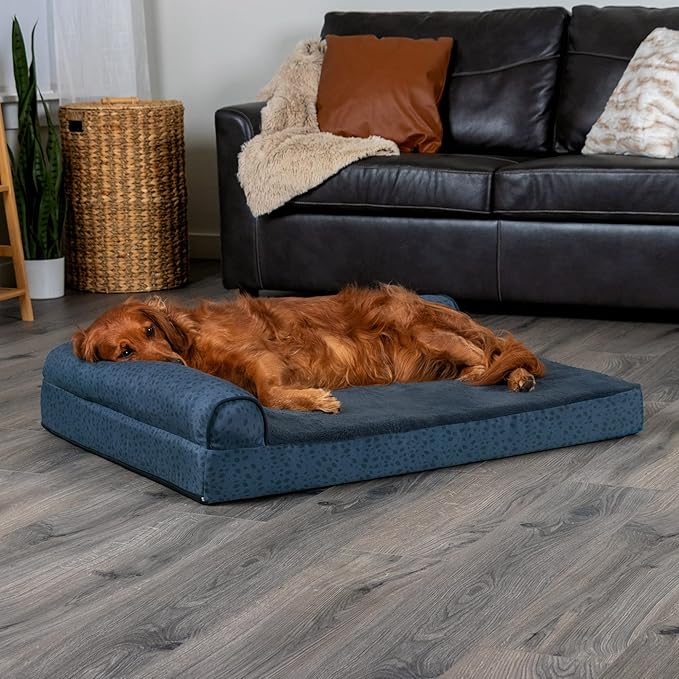 Furhaven Memory Foam Dog Bed for Large Dogs w/ Removable Bolsters & Washable Cover, For Dogs Up to 95 lbs - Plush & Almond Print L Shaped Chaise - Blue Almonds, Jumbo/XL