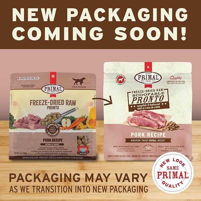 Primal Freeze Dried Dog Food Pronto, Pork; Scoop & Serve, Complete & Balanced Meal; Also Use As Topper or Treat; Premium, Healthy, Grain Free, High Protein Raw Dog Food (25 oz)