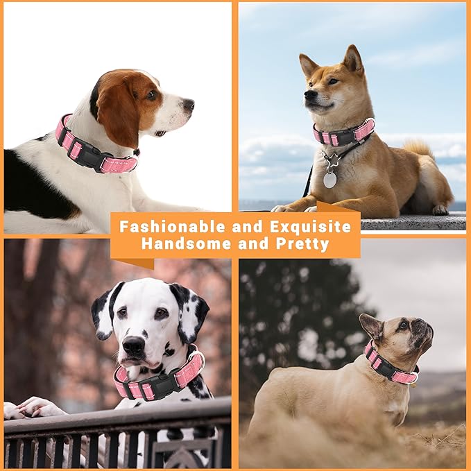 2 Pack Reflective Dog Collar with Safety Locking Buckle, Adjustable Soft Breathable Comfortable Nylon Pet Collar for Small, Medium and Large Dogs, Pink, L