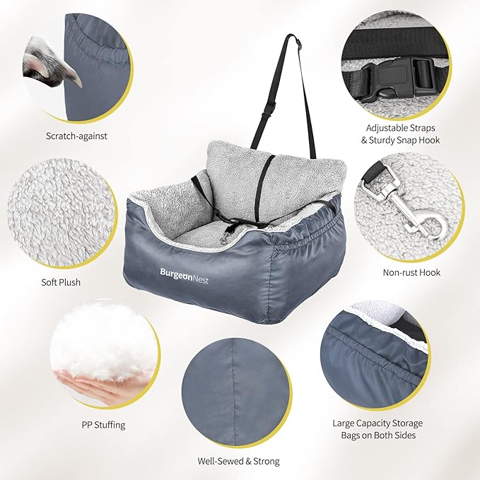 BurgeonNest Dog Car Seat for Small Dogs, Washable Soft Dog Booster Seats for Small Pets Under 25 lbs, Portable Dog Carseat Travel Bed with Storage Pockets and Clip-On Leash