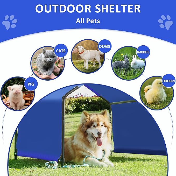 Dog Shade Shelter Outdoor Tent for Large Medium Dogs, 4'x4'x3' Outside Sun Rain Canopy Pet House for Cats Pigs Livestock with Waterproof Roof Ground Nails,Blue
