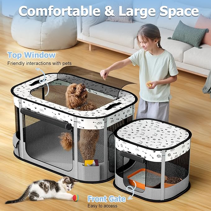 Portable Cat Playpen, Foldable Pet Dog Playpen, for Kitten Puppy Play Pen Indoor/Outdoor, Cats Enclosure Cages Tent with Carrying Case, 600D Oxford 8-Rods, 32"x24"x22", Grey