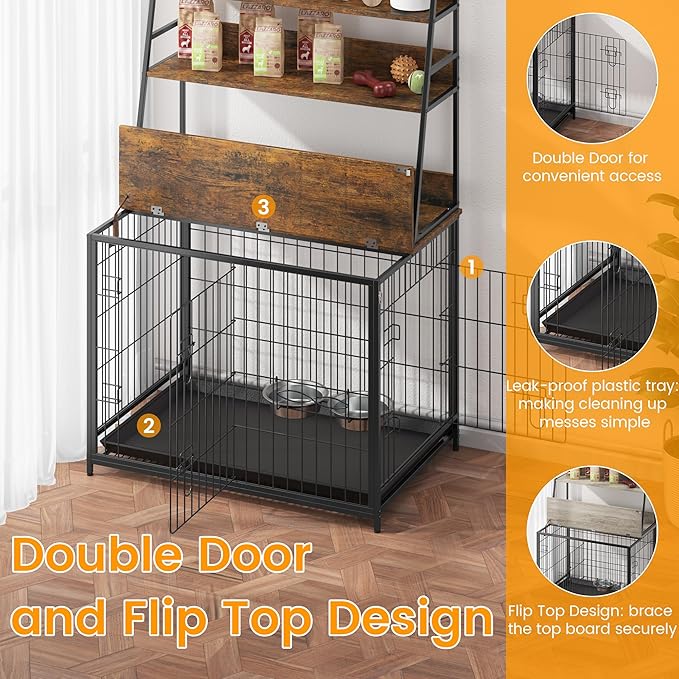 GAOMON Wooden Dog Crate Furniture with Storage Shelves,Dog Kennel Indoor with Removable Tray,Double Doors Modern Dog Crate, Dog House with Two Adjustable Stainless Steel Bowls,End Table Dog Crate