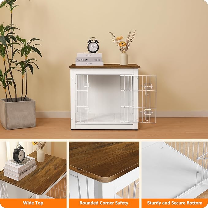 DWANTON Dog Crate Furniture with Cushion, Wooden Dog Crate with Double Doors, Dog Furniture, Dog Kennel Indoor for Small Dog,End Table, 27.2" L, White+Warm Brown