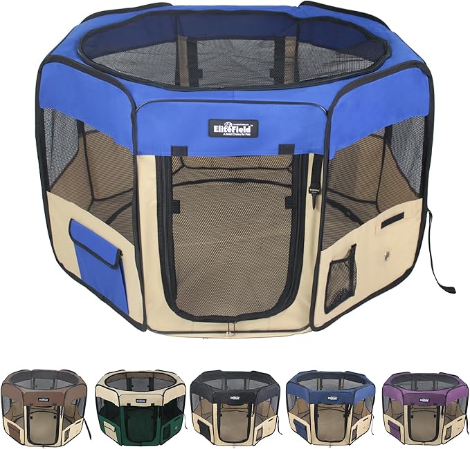 EliteField 2-Door Soft Pet Playpen (2 Year Warranty), Exercise Pen, Multiple Sizes and Colors Available for Dogs, Cats and Other Pets (52" x 52" x 32"H, Royal Blue+Beige)