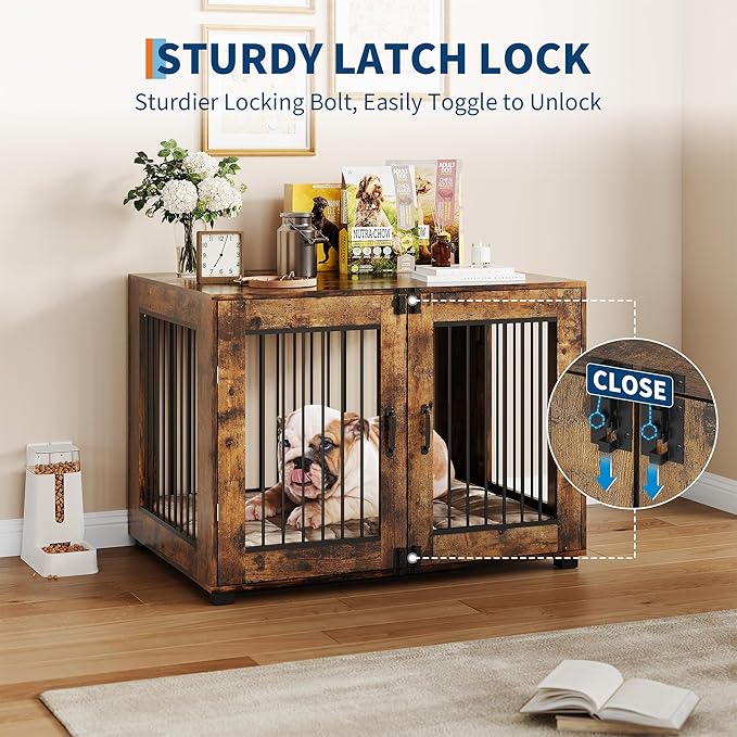 42.1" Dog Crate Furniture, Wooden Kennel with Locking Double Doors, Chew-Resistant Indoor Pet Cage End Table for Large Breeds, Brown