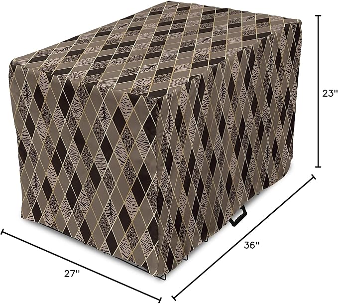 Lunarable Contemporary Brown Dog Crate Cover, Rhomb Check Pattern with Animal Skins, Easy to Use Pet Kennel Cover for Medium Large Dogs, 36 Inch, Umber Dark Brown