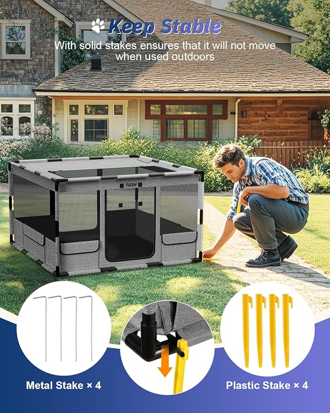 Dog Playpen, 43x43x26 Inches Puppy Playpen Portable with Top Cover, Thickened Fabric Tear Resistant Waterproof Bottom with Breathable Mesh Dog Fence for Indoor and Outdoor, Gray