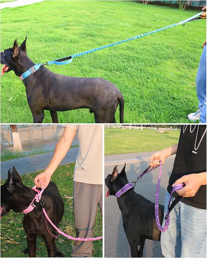 AUBELL Tactical Dog Collar and Leash Set, Adjustable Military Nylon Reflective Dog Leash and Collar with Handle and Heavy Metal Buckle for Medium Large Dogs, with Airtag Holder and 2 Patches(Blue, M)