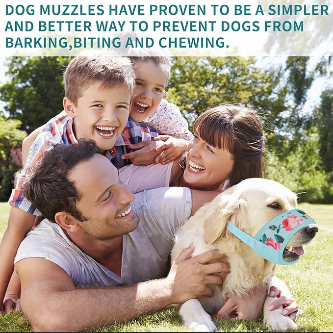 Dog Muzzle for XL Large Dogs, Soft Nylon Print Muzzle Anti Biting Barking Chewing, Air Mesh Breathable Drinkable Adjustable Pet Muzzle for Medium Large Dogs Cyan Flower XL