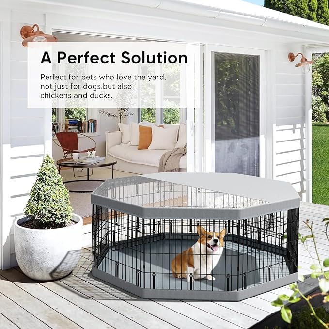 PJYuCien Puppy Playpen,8 Panels 24”H Dog Playpen with Gery Bottom Pad and Grey Top Cover,Metal Foldable Dog Exercise Pen for Indoor,Better for Small Pets
