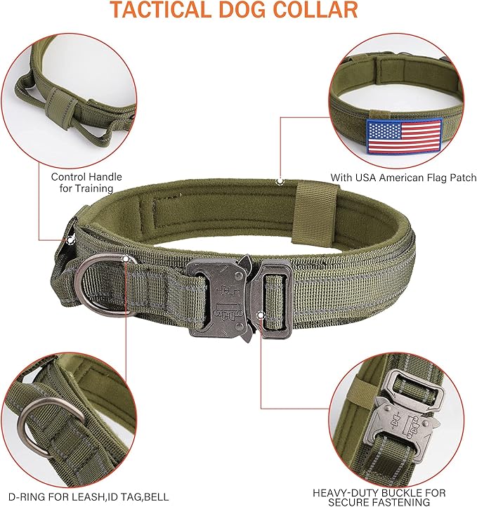 KCUCOP Tactical Dog Collar, Heavy Duty Dog Collar with Handle and Metal Buckle, Military Thick Dog Collars for Medium and Large Dogs(Green-L-Reflective, 1 Patch)