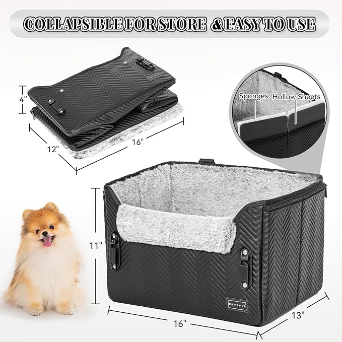 PETSFIT Dog Car Seat, Waterproof PU Leather Dog Carseat with Patented Safe Buckles, Clip-On Leash, Pet Travel Carrier Bed for Small Pets Up to 25lbs (Black)