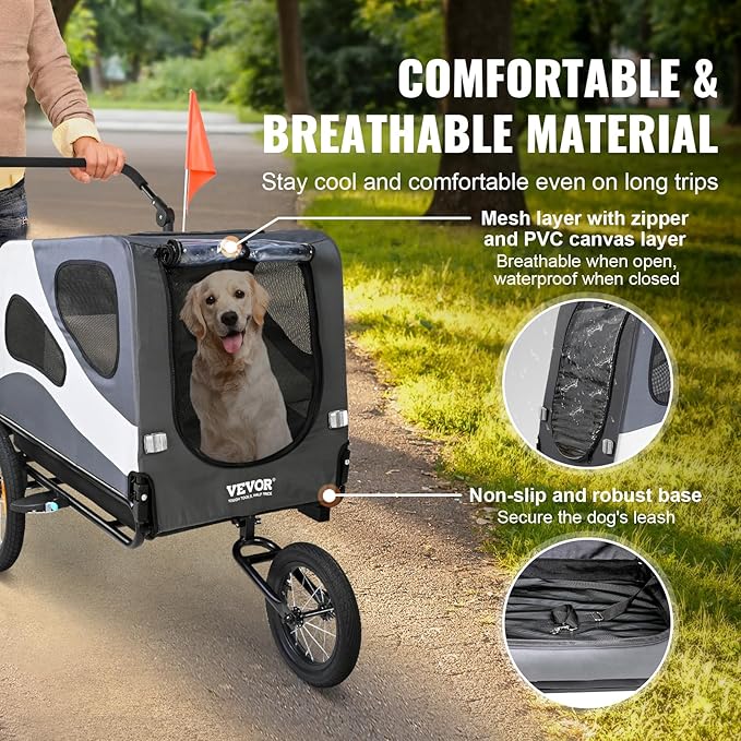 VEVOR Dog Bike Trailer, Supports up to 66/88/100 lbs, 2-in-1 Pet Stroller Cart Bicycle Carrier, Easy Folding Cart Frame with Quick Release Wheels, Universal Bicycle Coupler, Reflectors, Flag