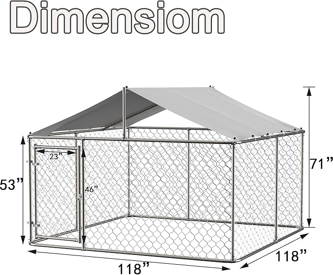 Large Outdoor Dog Cage with UV and Waterproof Cover,Metal Galvanized Rustproof Puppy Fence,W/Security Door,Heavy Duty Kennel for Farm & Garden,Silver 9.8'Lx9.8'Wx4.4'H