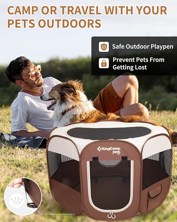 KingCamp Dog Playpen, Portable Foldable Cat Kitten Puppy Tent Crates 29"/36"/50" Pop Up Pet Playpen with Zippered Bottom & Cover for Indoor Outdoor Use (Medium, Khaki)
